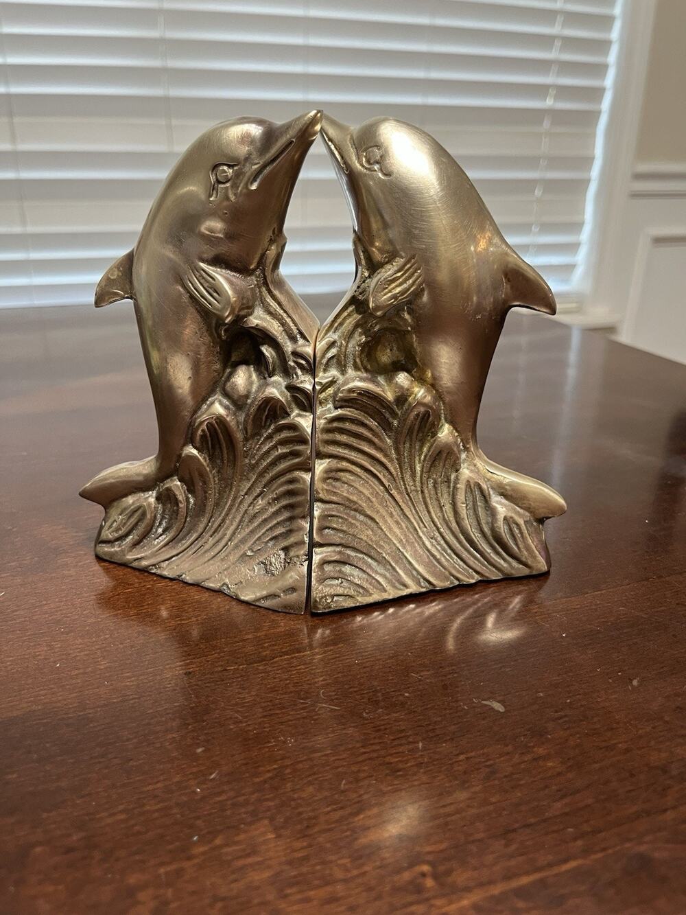 Vintage MCM Solid Heavy Brass Dolphin Porpoise On Ocean Waves Bookends